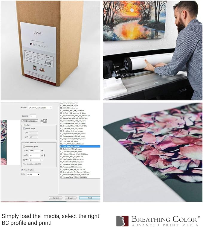 Premium Lyve Matte Canvas Paper Perfect For Use on Professional Makes and Models of Epson, Canon and HP printers preferred by Professionals. 19 mil textured Canvas offered in a 17 inch by 10 ft roll