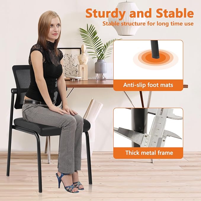 CLATINA Stackable Waiting Room Chair with Adjustable Mesh Backrest, Armless Office Guest Reception Chairs with Leather Cushion and Ergonomic Lumbar Support for Conference Lobby Side School, Black