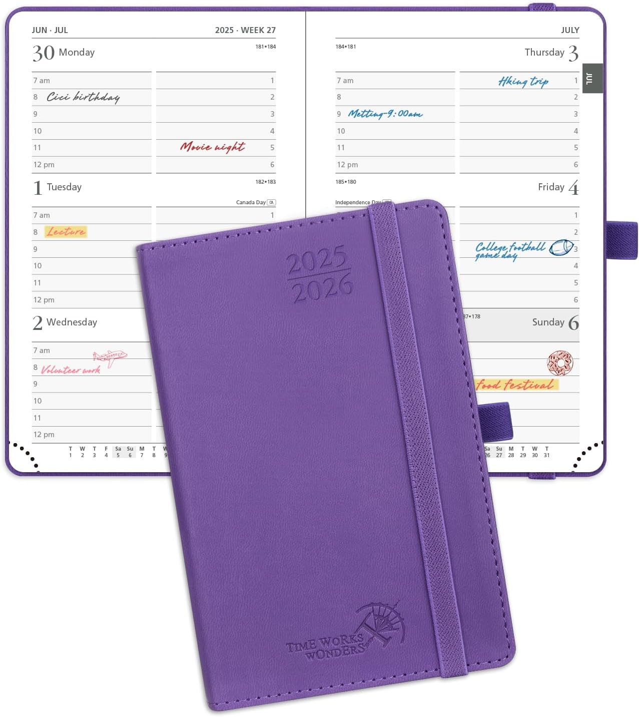POPRUN Pocket Planner 2025-2026 (Purse Size 4'' x 6.25'') Academic Small Calendar (July 2025 - June 2026) with Hourly Time Slots, 100GSM Thick Papers, Leather Soft Cover - Purple
