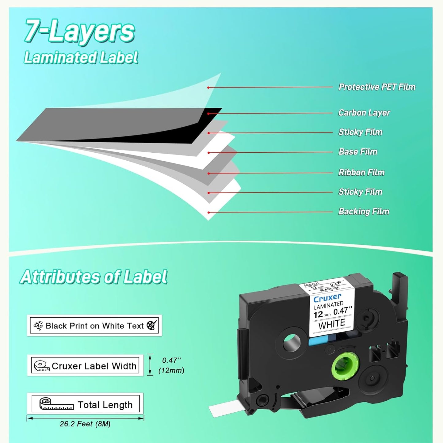 Cruxer 10 Pack Replacement for P-Touch TZe-231 TZe231 TZ231 12mm 0.47" Black on White Laminated Label Tape Compatible for Ptouch PT-D200 PT-D210 PT-D400 PT-H100 PT-1230PC Label Makers