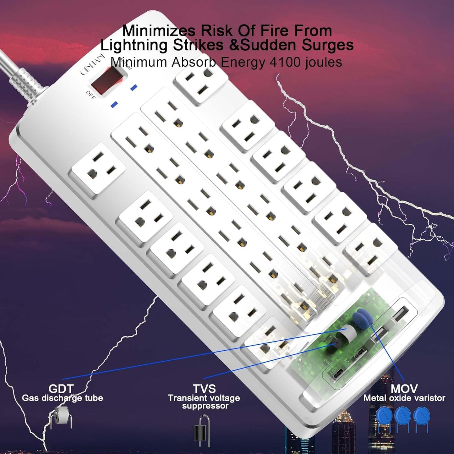 QINLIANF Surge Protector Power Strip - 6Ft Flat Plug Heavy Duty Extension Cord with 24 Outlets and 4 USB Ports(2 USB-C Ports), 1875W/15A, 4100J, for Home, Office, Dorm, ETL Listed, White
