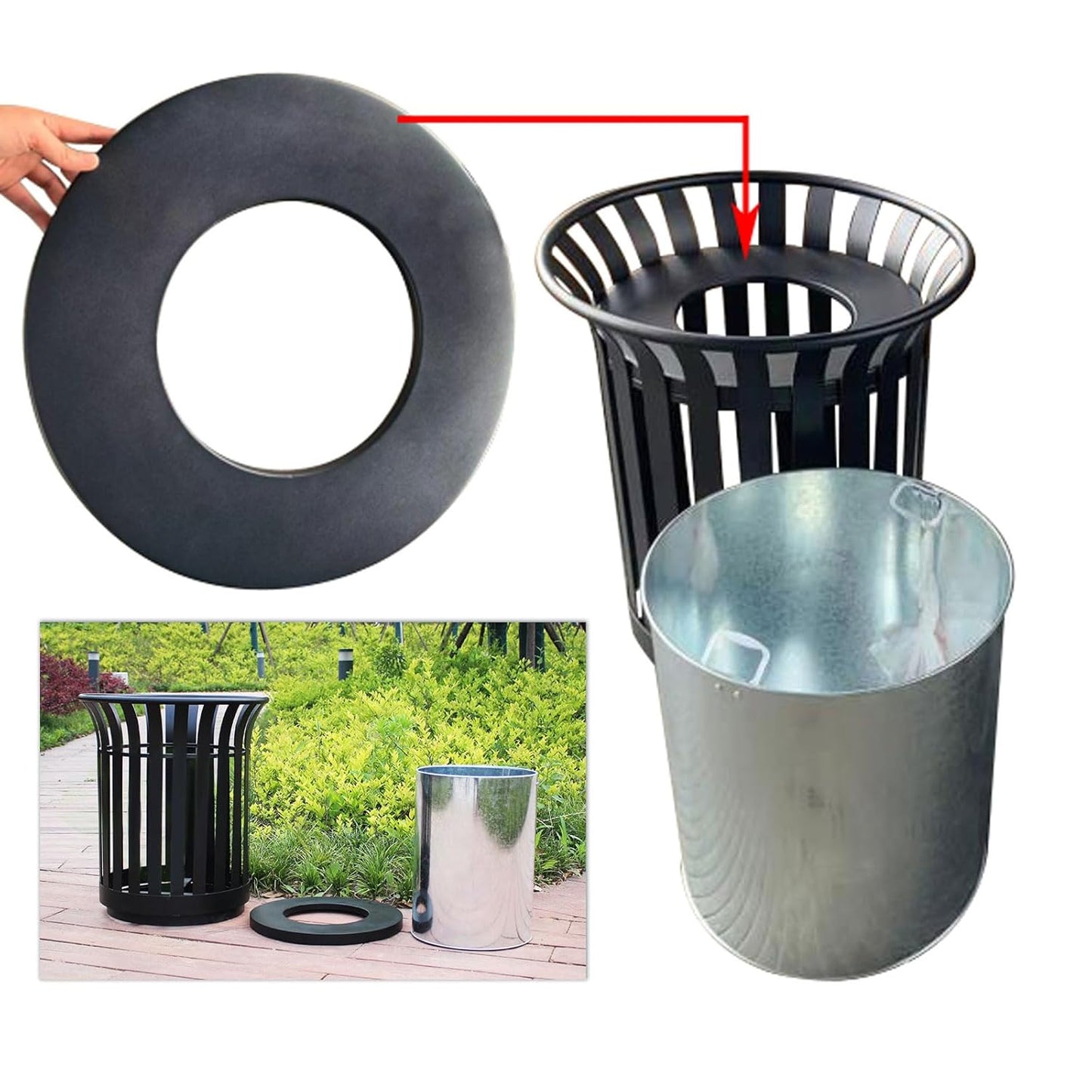 Outdoor Metal Slatted Trash Receptacle,Waste Receptacle，Commercial Trash Cans,Zone Round Garbage Bin,Square Hotel Street Patio Indoor Metal Stan (Large - Black)
