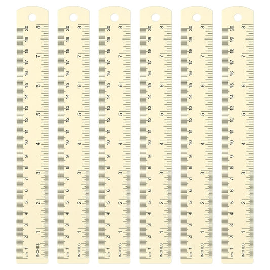 HARFINGTON 6pcs Metal Straight Ruler 20cm Metric SAE Aluminum Alloy Measuring Rulers Scale Tool with Hole for Measure Study Reading Classroom Office, White