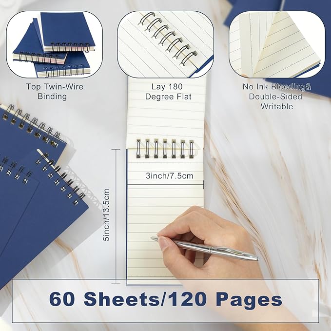 Tenceur 100 Pcs Pocket Notebook Bulk Small 3x5 Inch Spiral Notepads Mini Top Bound Notebook with Lined 120 Pages Ruled Memo Pads for Office College Nurse Essentials Back to School Gift (Blue)