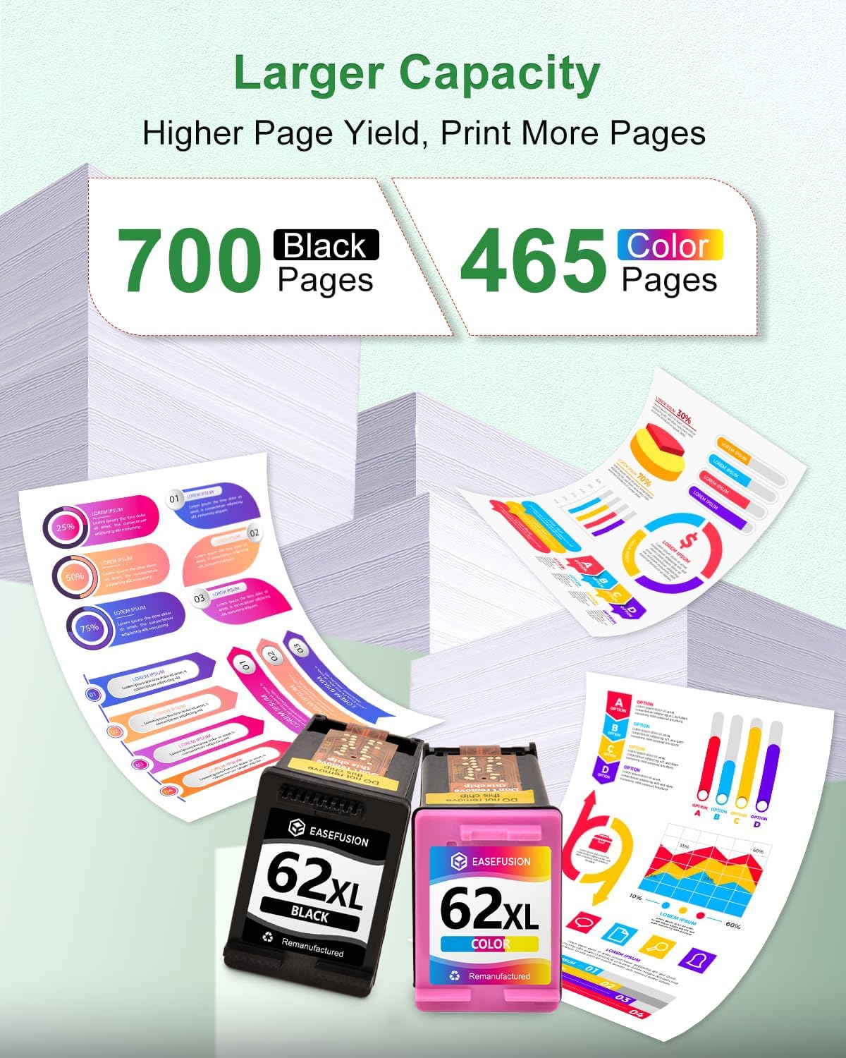 62XL Ink Cartridges Black and Color Remanufactured Replacement for HP Ink 62 HP62XL Combo Pack Compatible with Envy 7640 5660 5540 7645 5740 5746 OfficeJet 250 200 Mobile Printer, 2-Pack