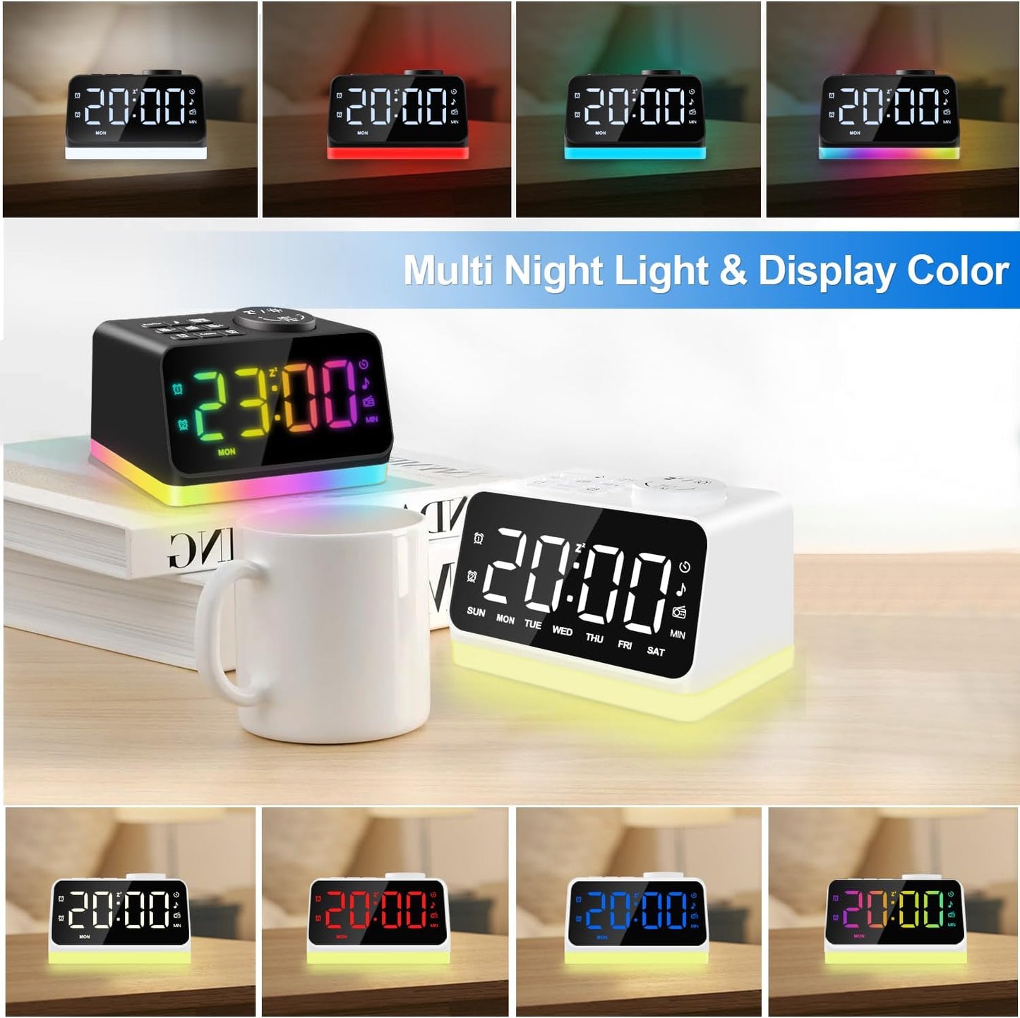 JALL Digital Alarm Clock with FM Radio for Bedroom, 8 Colors Night Light with 2 Charging Port, Sleep Sound Machines with Timer, Dual Alarm, Loud Alarm and Easy to Use for Seniors and Kids as Gift