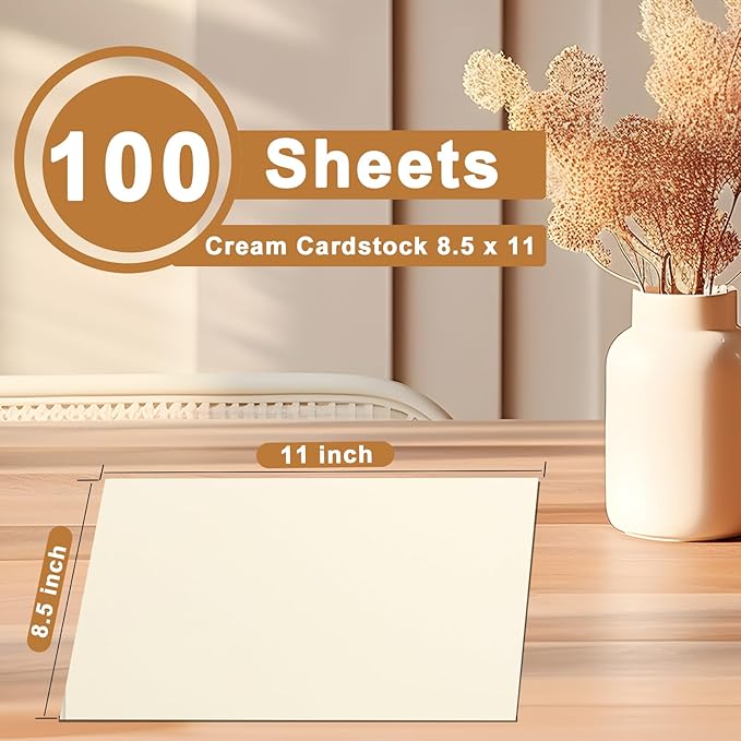100 Sheets Cream Cardstock 8.5 x 11 Ivory Paper, 200gsm/75lb Off White Paper Card Stock for DIY Cards Making, Greeting Card, Business Cards, School Crafting, Menus, Certificates