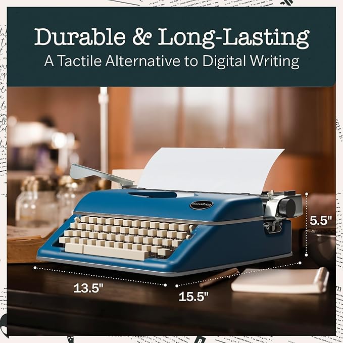 Maplefield Manual Typewriter - Blue - Retro Vintage Look - Working Manual Typewriter & Word Processor - Home Office Desk Decor