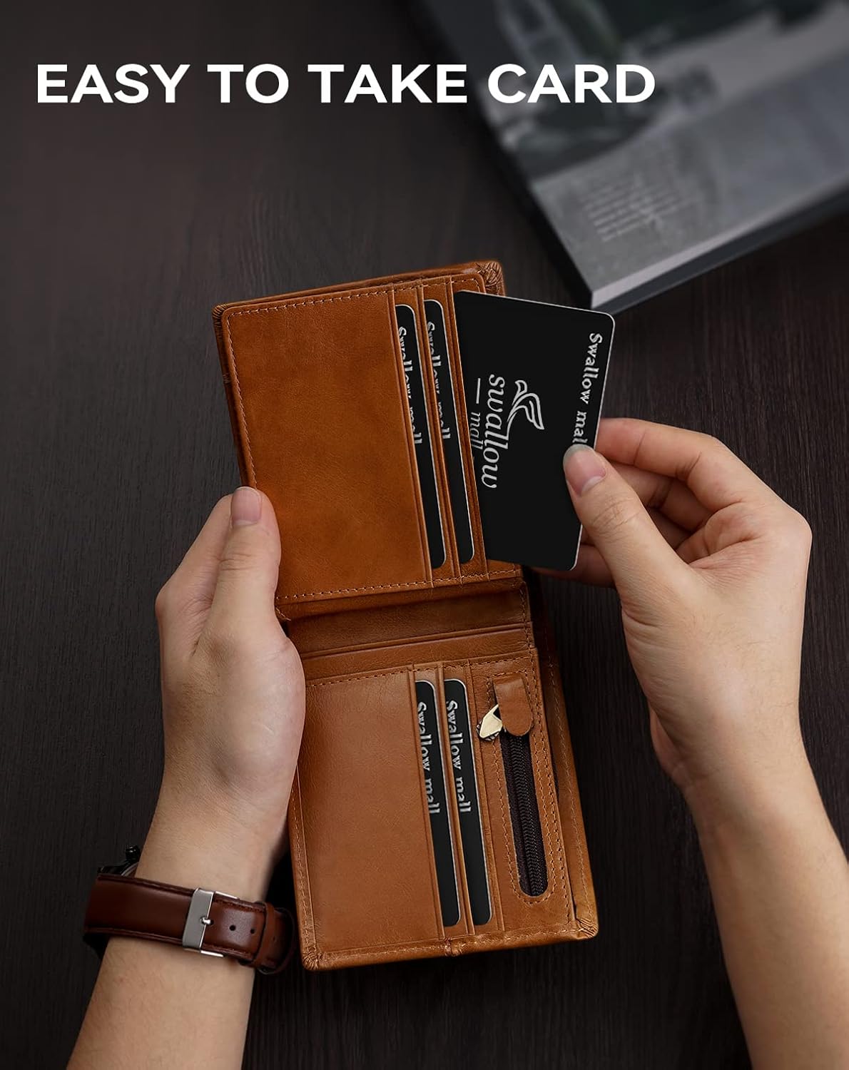 Swallowmall Mens Wallet Rfid Blocking Genuine Leather Bifold Wallets with 1 ID Window 15 Card Slots
