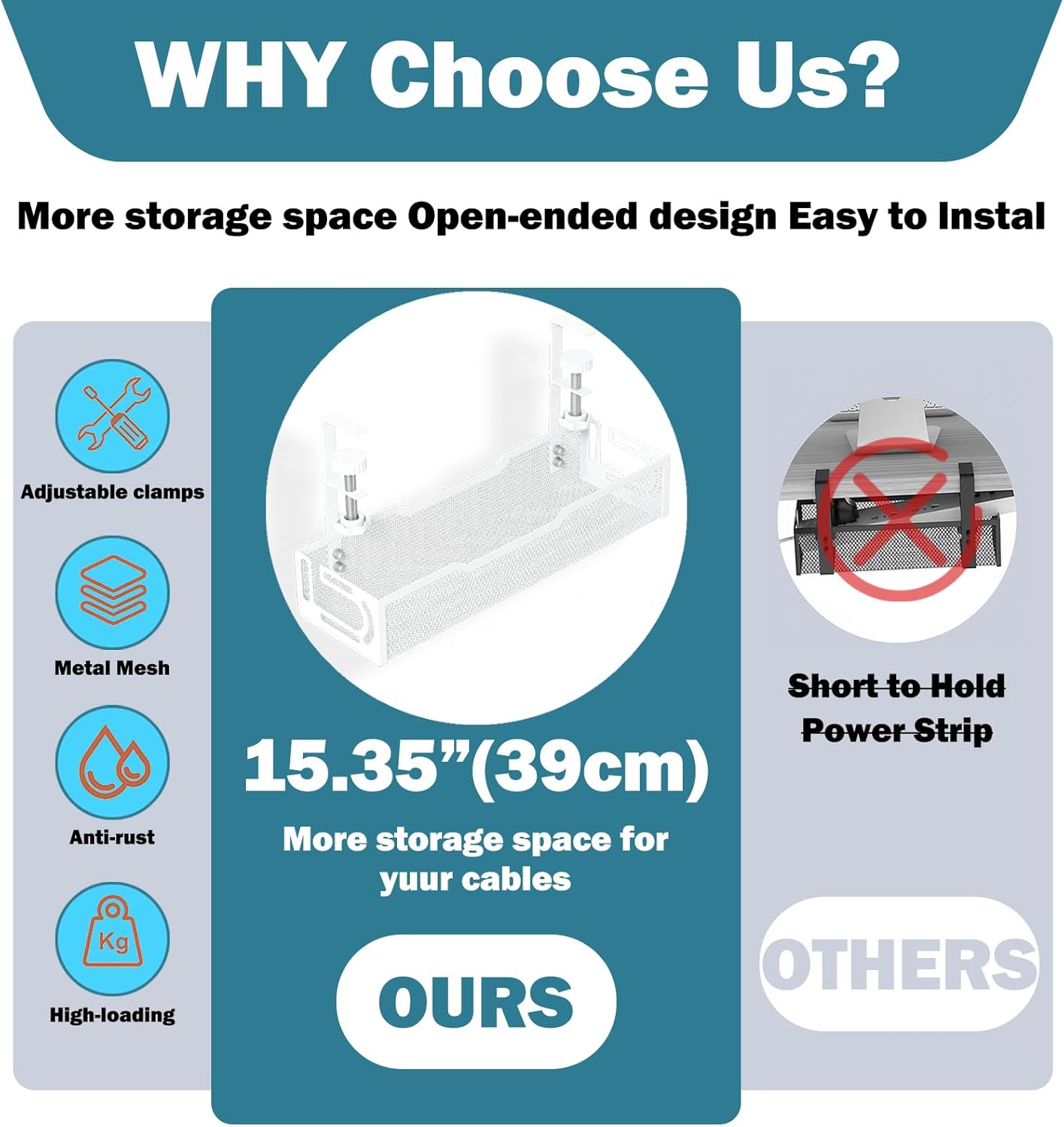 Under Desk Cable Management Tray, No Drill Mesh Desk Cable Tray, Wire Management Tray Cable Management Rack, Wire Organizer and Cable Management Box (White)