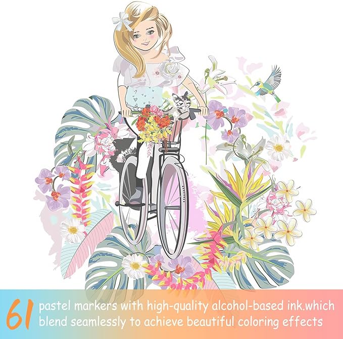 Caliart 61 Colors Pastel Alcohol Markers, Brush & Chisel Dual Tip Pens for Adult Coloring Book, Sketch Permanent Art Set for Easter Eggs Decorations Stuffers Drawing Supplies Gift