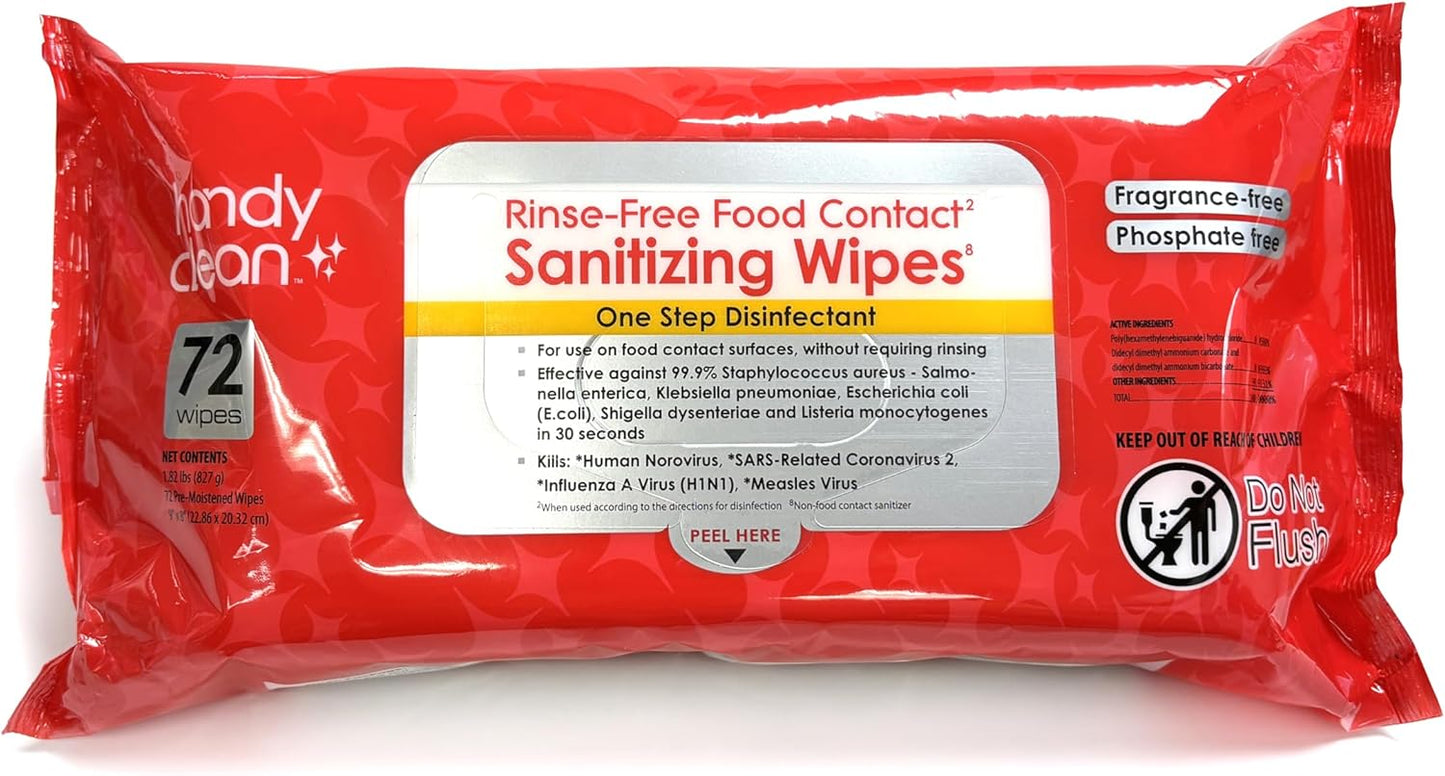 HandyClean Rinse-Free Food Contact Sanitizing Wipes Pouch, Multi Surface Cleaning Supplies for Kitchen and Professional Setting - 12 pack, 864 count