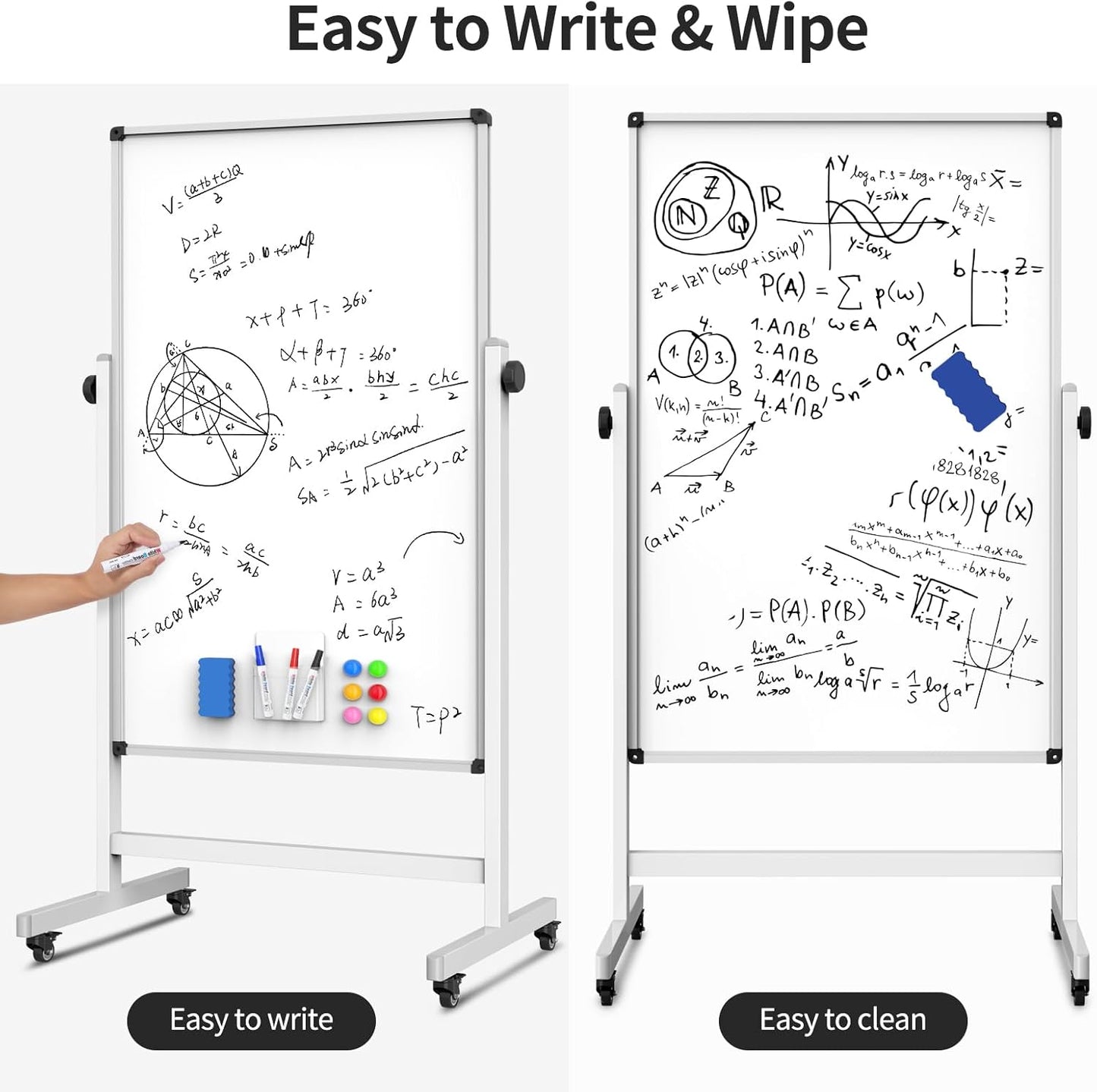 Rolling Whiteboard, Double Sided Magnetic Dry Erase Board Height Adjustable Whiteboard with Stand for Home Office Classroom (44" x 28")