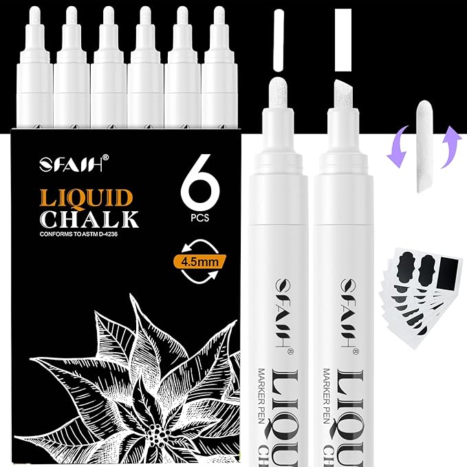 SFAIH White Liquid Chalk Markers - 6 Wet Erase Chalkboard Markers for Signs, Windows, Glass, Chalk Pens with 20 Chalkboard Labels, Reversible Tips - 4.5-6mm Reversible Bullet & Chisel Tips, Non Toxic
