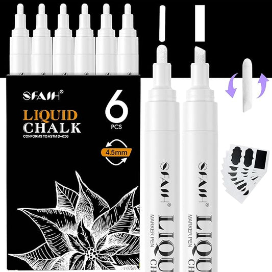 SFAIH White Liquid Chalk Markers - 6 Wet Erase Chalkboard Markers for Signs, Windows, Glass, Chalk Pens with 20 Chalkboard Labels, Reversible Tips - 4.5-6mm Reversible Bullet & Chisel Tips, Non Toxic