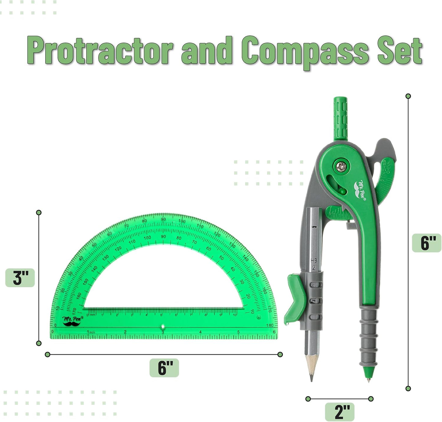 Mr. Pen- Compass and Protractor Set, Lush Garden Green, Compass Geometry Tool, Protractor and Compass Set, Compass Drawing Tool, Drawing Compass, Geometry Compass, Math Compass for Geometry