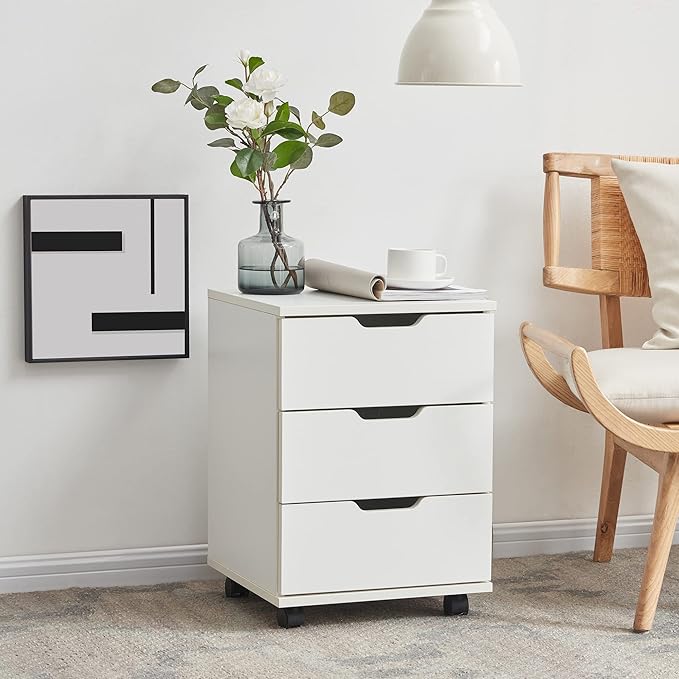 Farini 3-Drawer Vertical Filing Cabinet Rolling Wood Mobile File Cabinets Under Desk for Home Office with Casters (White, Fully Assembled)