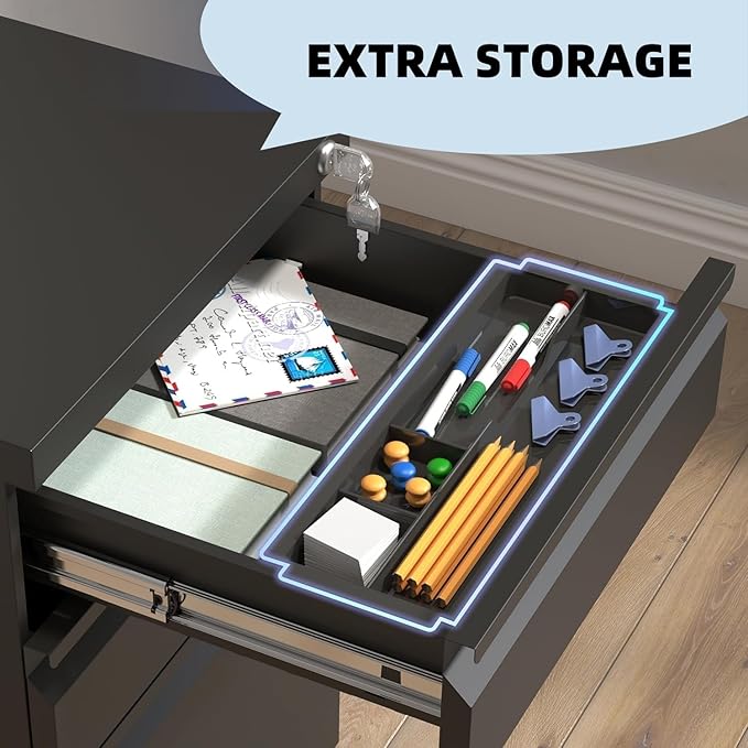 Filing Cabinets for Home Office, Mobile File Cabinet with Lock, 3 Drawer Filing Cabinet for A4/Letter/Legal Size Folder, Fully Assembled Except Casters, Matte Black