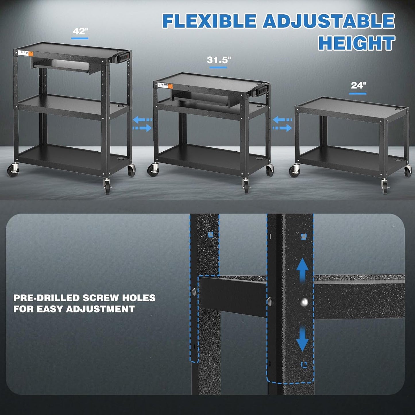 Extra Large Rolling Computer Cart with Power Strip - 3 Tier Steel Utility AV Cart with Wheels - Height Adjustable Mobile Workstation Media Carts for Presentation Office Classroom, 34" x 18" x 42"