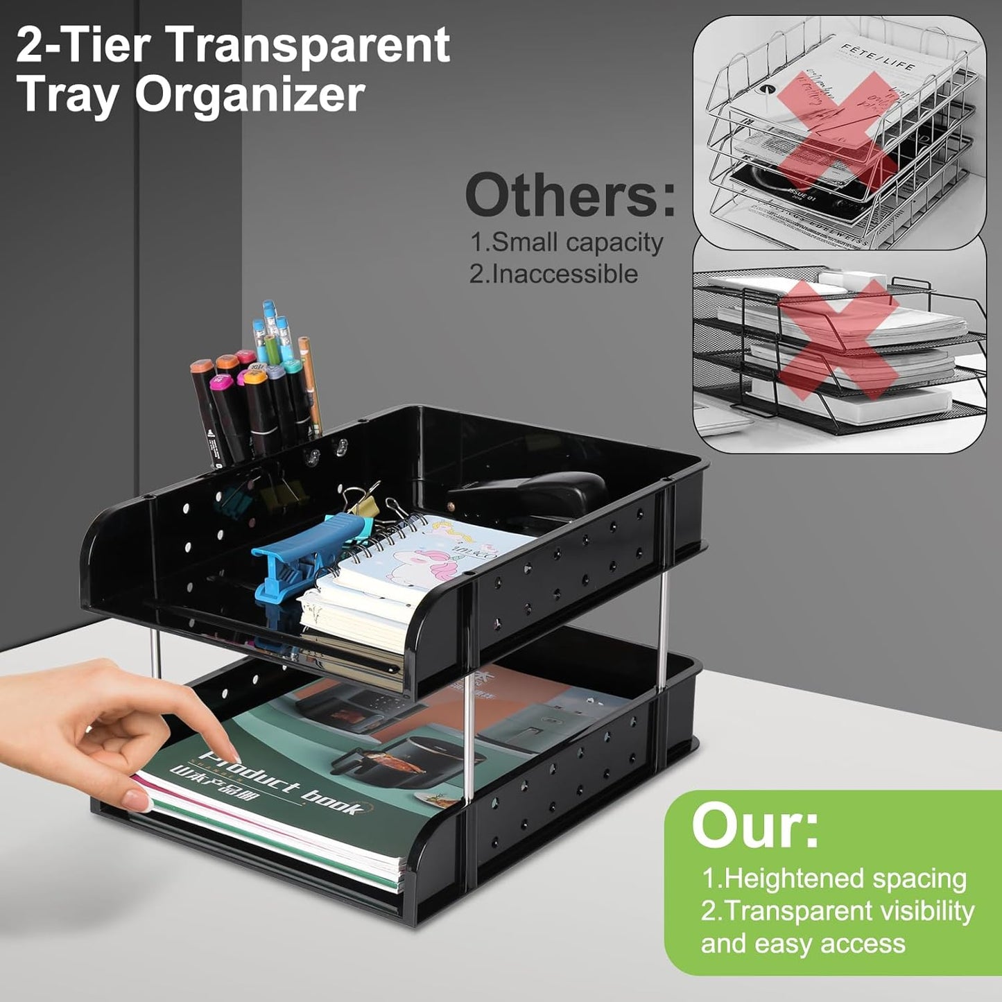 Stackable Letter Tray Papers Organizers, A4 Size Desk Organizer Tray for Letter Paper Stationery Desk Accessories, Plastic Black Paper Holder File Organizer for Office, School, Home (Dark Black)