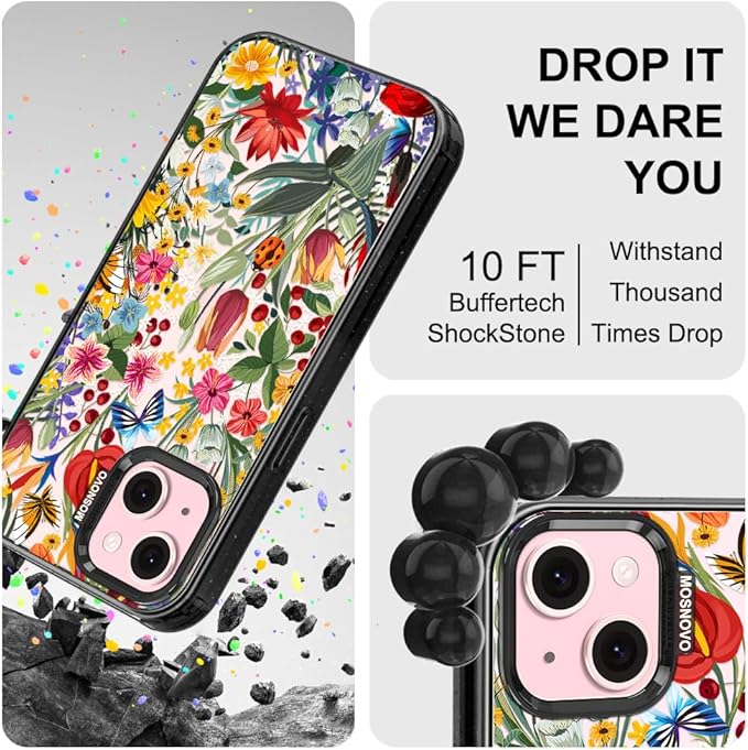 MOSNOVO Case for iPhone 15 Plus, [10ft 4X Military-Grade Drop Protection] Durable & Shockproof Phone Case Cover Design for iPhone 15 Plus / 14 Plus - in The Garden - Clear Black