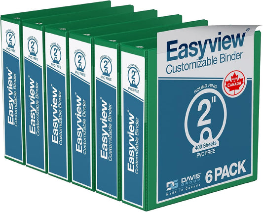 Easyview Premium 3-Ring Binders with Clear-View Covers and Round Rings, Binders for School or Office, 2 Inch, Pack of 6, Green
