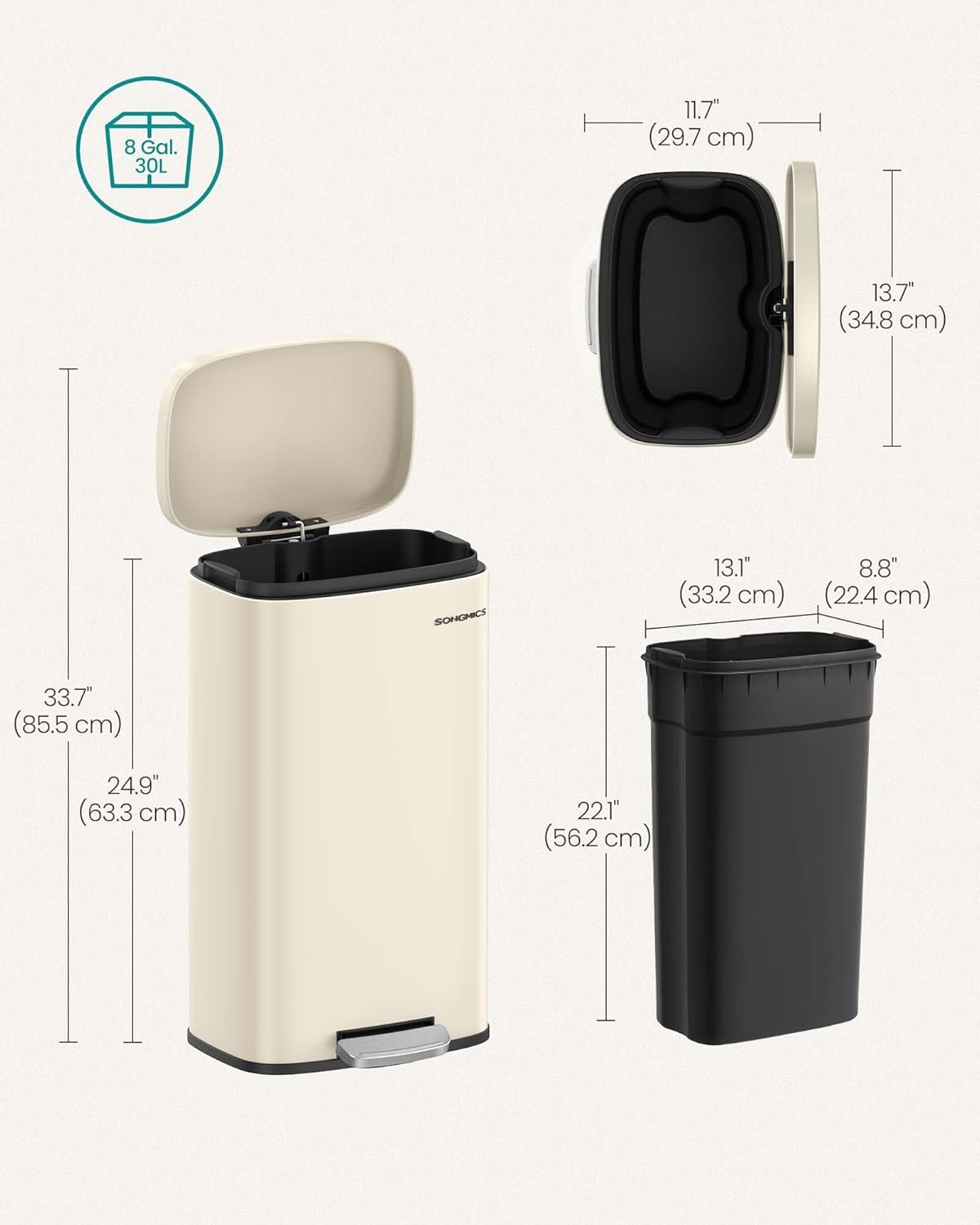 SONGMICS Trash Can with Lid, 8 Gallon Garbage Can, Stainless Steel Small Waste Bin with Step Pedal and Inner Bucket, Soft Close, Kitchen, Sand Beige ULTB003A01