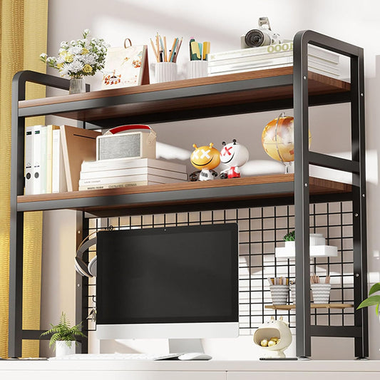 2-Tier Desktop Hutch Bookshelf Metal Desk Shelf Dorm Bookcase for Computer Desk Countertop Storage Organizer Display Rack for Office Home (Black, 37.4in)