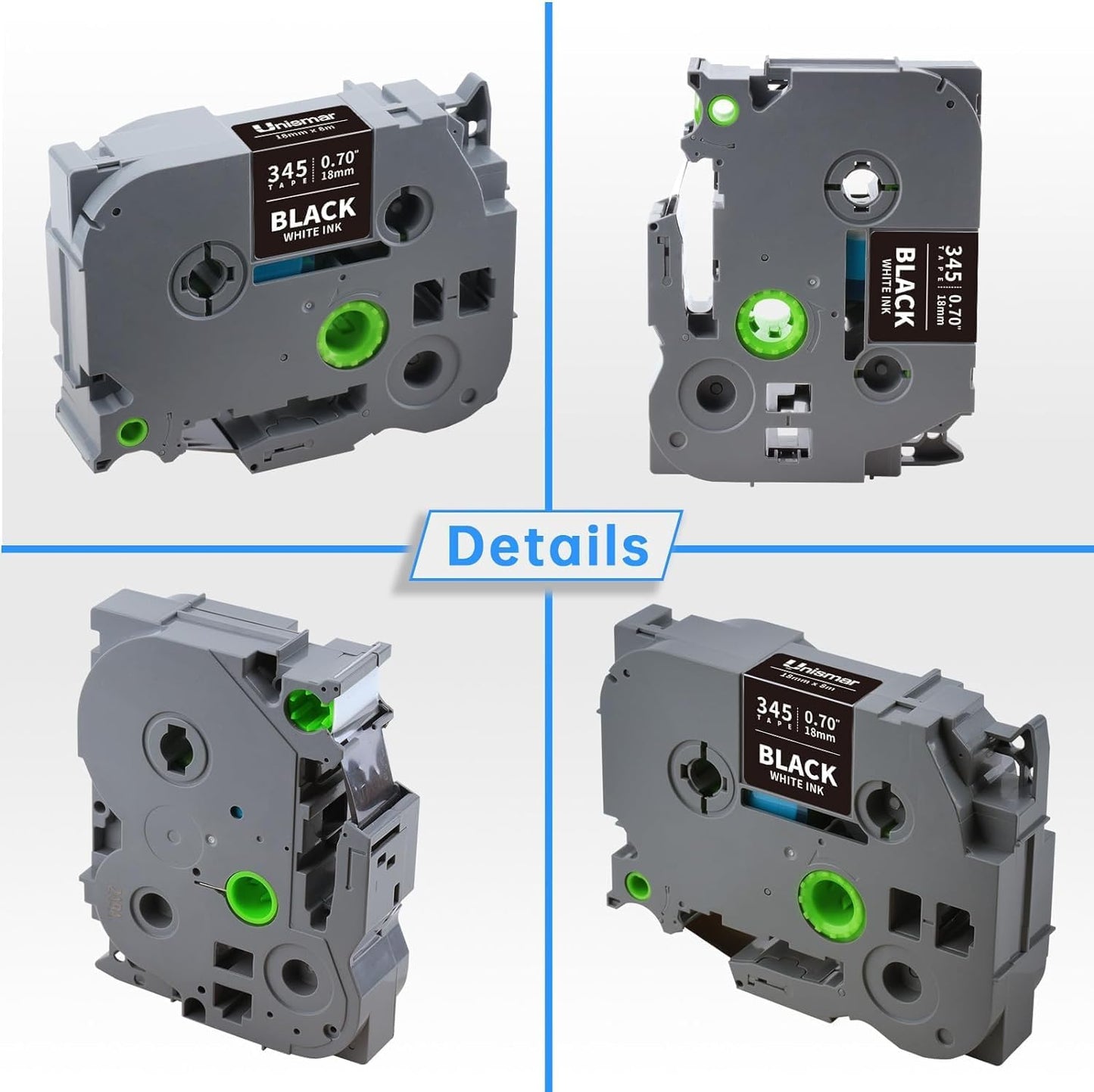 Unismar TZe-345 Compatible for Brother Ptouch 18mm 0.7 Laminated White on Black Label Tape TZ345 TZ Tape Work for PT-D400AD PT-D410 PT-D600 PT-D400 PT-2700 PT-1880 Label Maker, 3/4'' x 26.2', 4-Pack