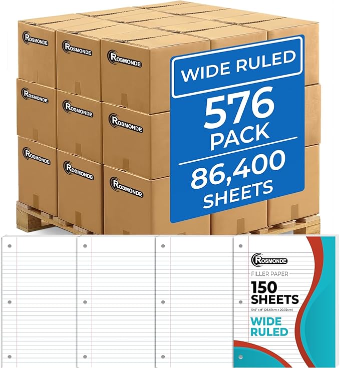 576 Pack (Pallet) Loose Leaf Paper Bulk, 86400 Sheets, Wide Ruled, Pallet of Filler Paper, 150 Sheets/Pack, 8 x 10.5", 56 Gsm Thick Sheets, 3 Hole Punched, School & Office, 4-7 Days Transit