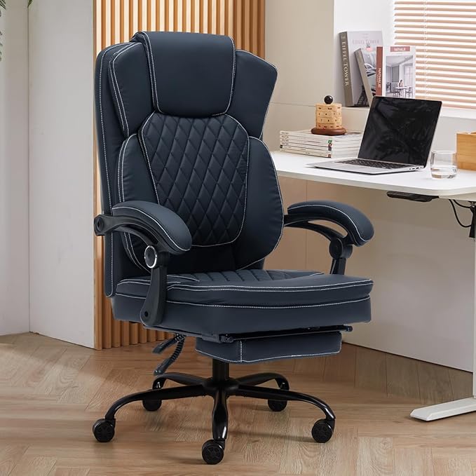 Ergonomic Office Chair with Foot Rest, Executive Chair with Footrest PU Leather Computer Chair, Big and Tall Chair Reclining Desk Chair, Thick Padded Coil Spring Seat, 400 lbs Capacity (Black)