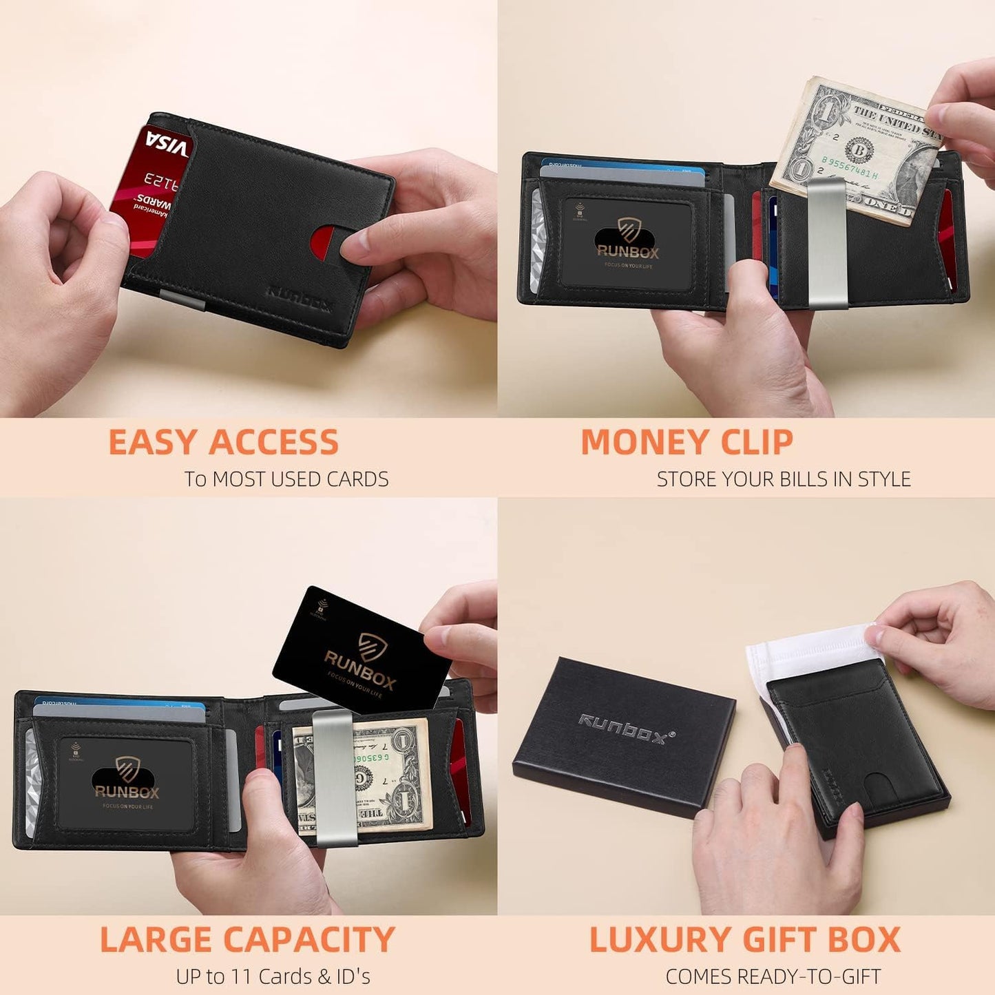 RUNBOX Slim Wallets for Men - Leather Money Clip Mens Wallet - RFID Blocking Front Pocket Bifold Wallet - Minimalist Credit Card Holder with Gift Box