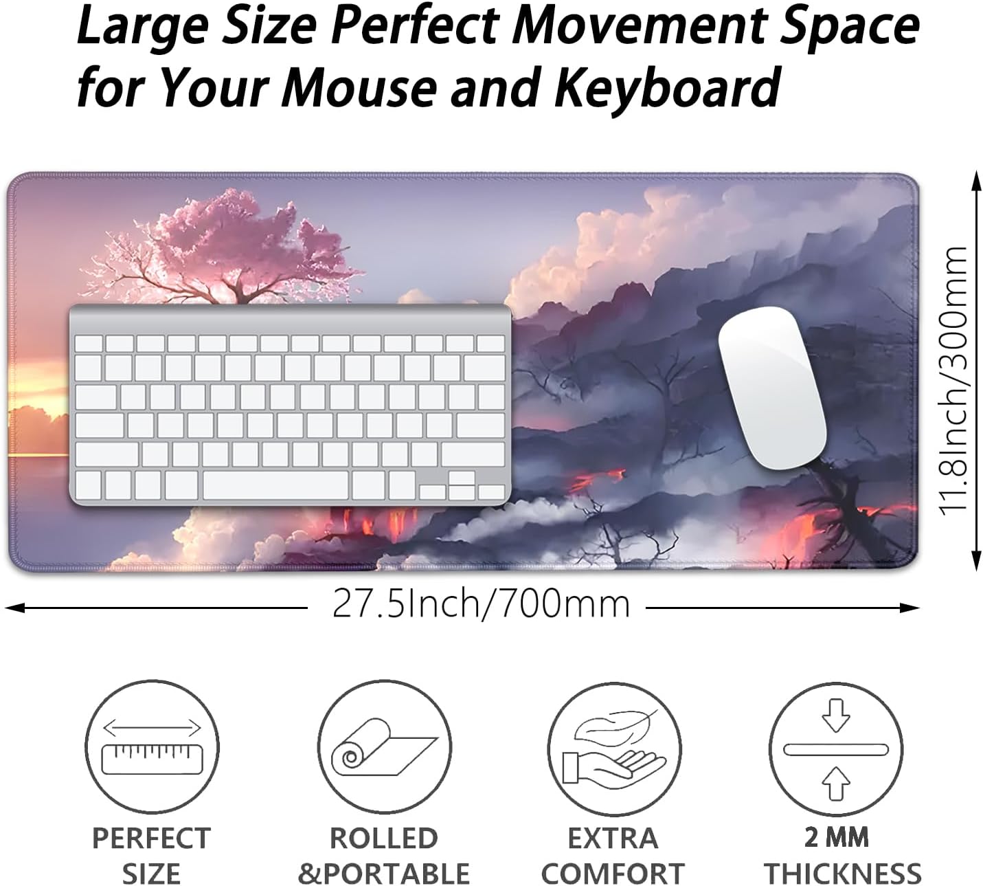 Volcano and Cherry Blossoms Desk Pad Mouse Pad,Large Nature Mouse Mat with Stitched Edges,Non-Slip Rubber Base Mousepad for Office PC Keyboard Laptop and Home Work Desk Mat(27.5X11.8 in)