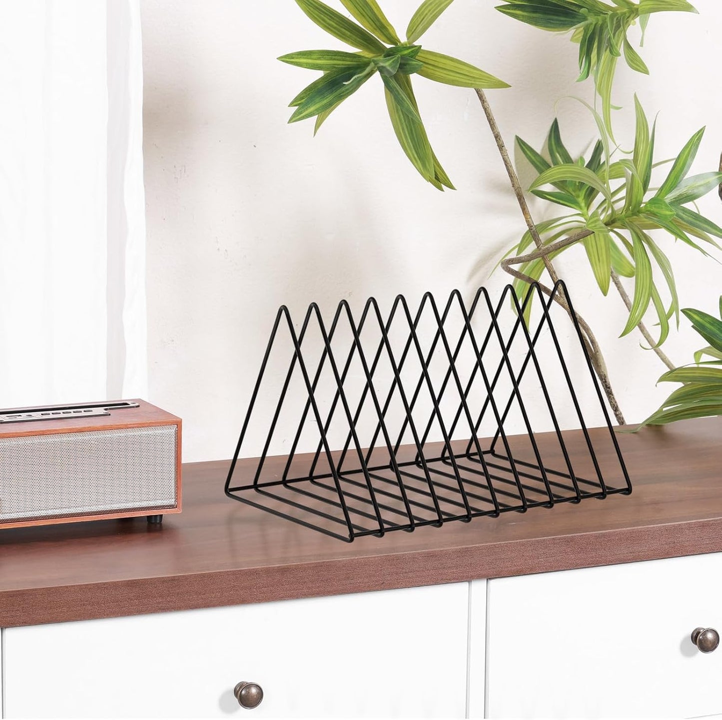 Urban Deco Triangle Desk Organizer - Metal Wire Magazine Holder, 10 Sections, Decorative File Folder Organizer, Vinyl Record Storage, Office File Holder - Black
