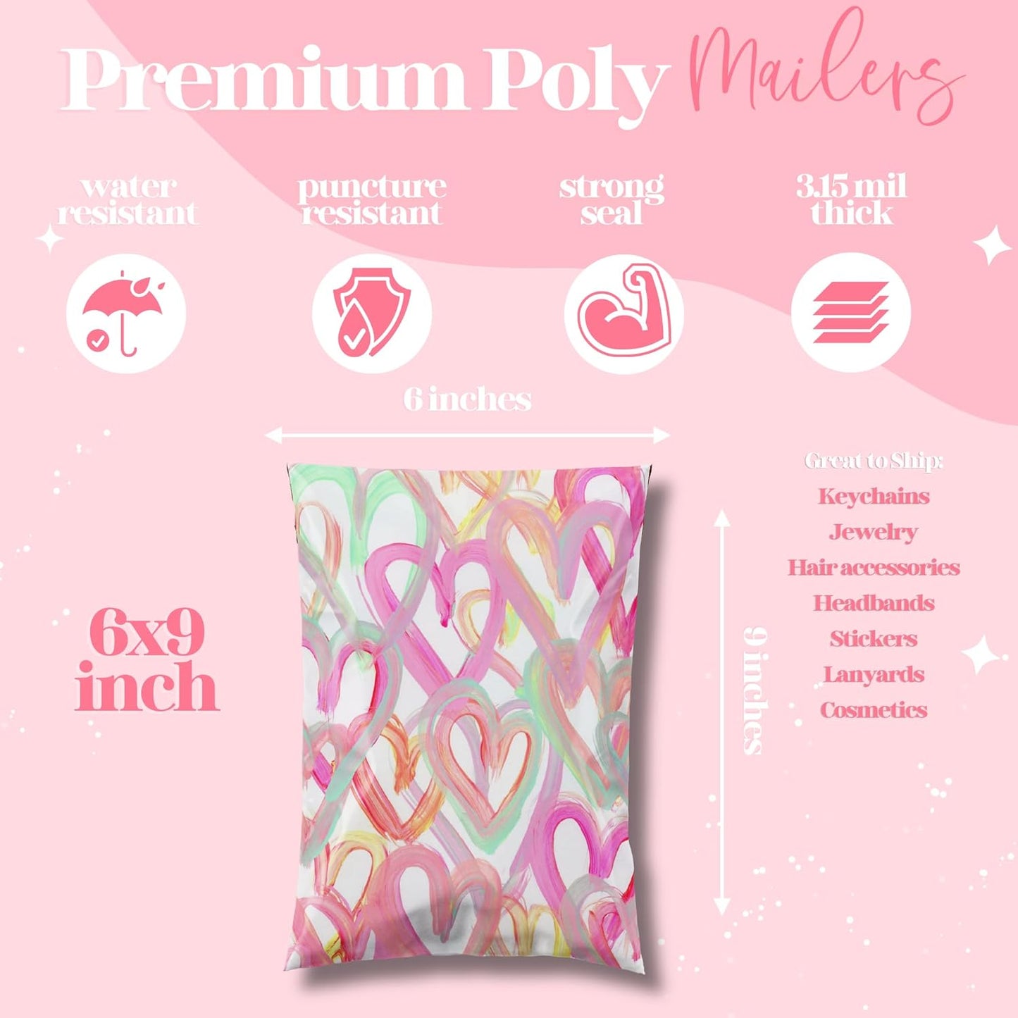 6x9 Designer Poly Mailer 100 Pack Heavy Duty Waterproof Self Seal Shipping Bags for Small Business Large Mailing Envelopes Bulk Tear Resistant Cute Packaging Happy Hearts