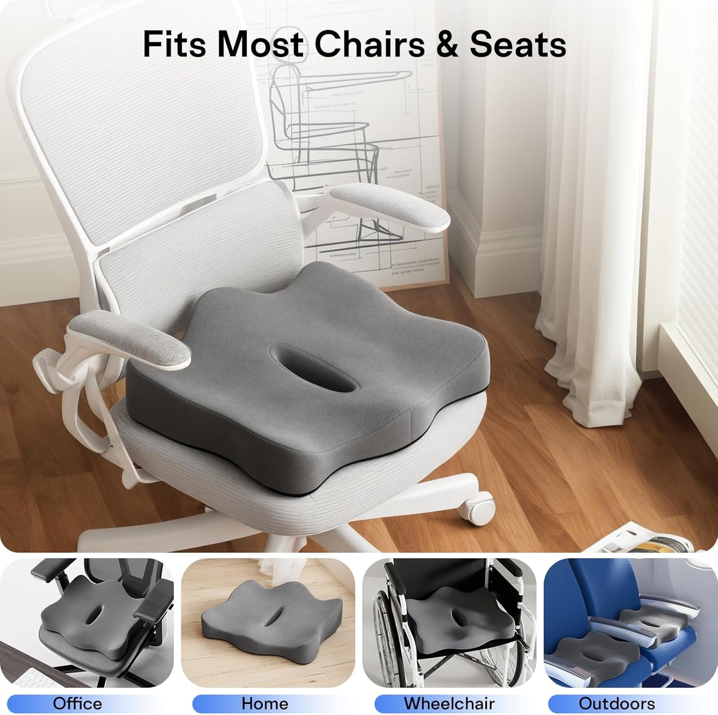 Seat Cushions for Office Chairs - Pressure Relief Seat Cushion - Car Seat Cushions for Pressure Relief, Tailbone Pain, Sciatica & Back Pain Relief for Office Chairs (Grey)
