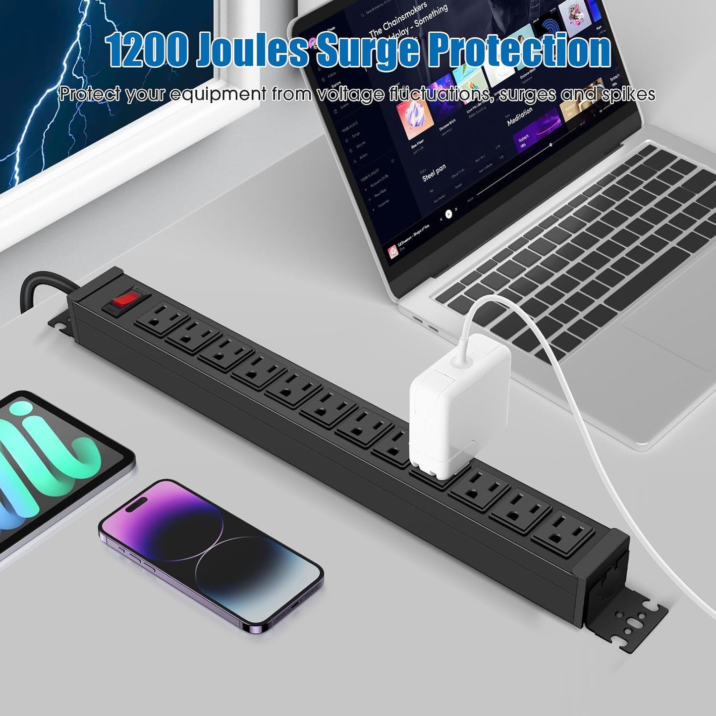 HHSOET Rotating Mountable Power Strip, 12 Outlet Wall Mount Surge Protector, Metal Heavy Duty and Versatile Outlet Strip, Stylish Appearance, Sturdy and Durable, 6ft Power Cord.(Black)