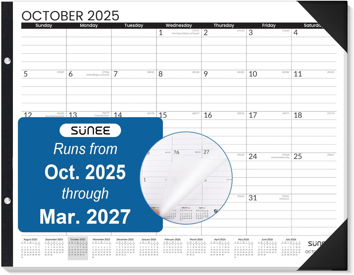 SUNEE Desk Calendar 2025-2026 Large 22x17 from October 2025 to March 2027, Extra Large Desktop Monthly Calendar Pad 18 Months For Teacher or Family, Desk Top, Black