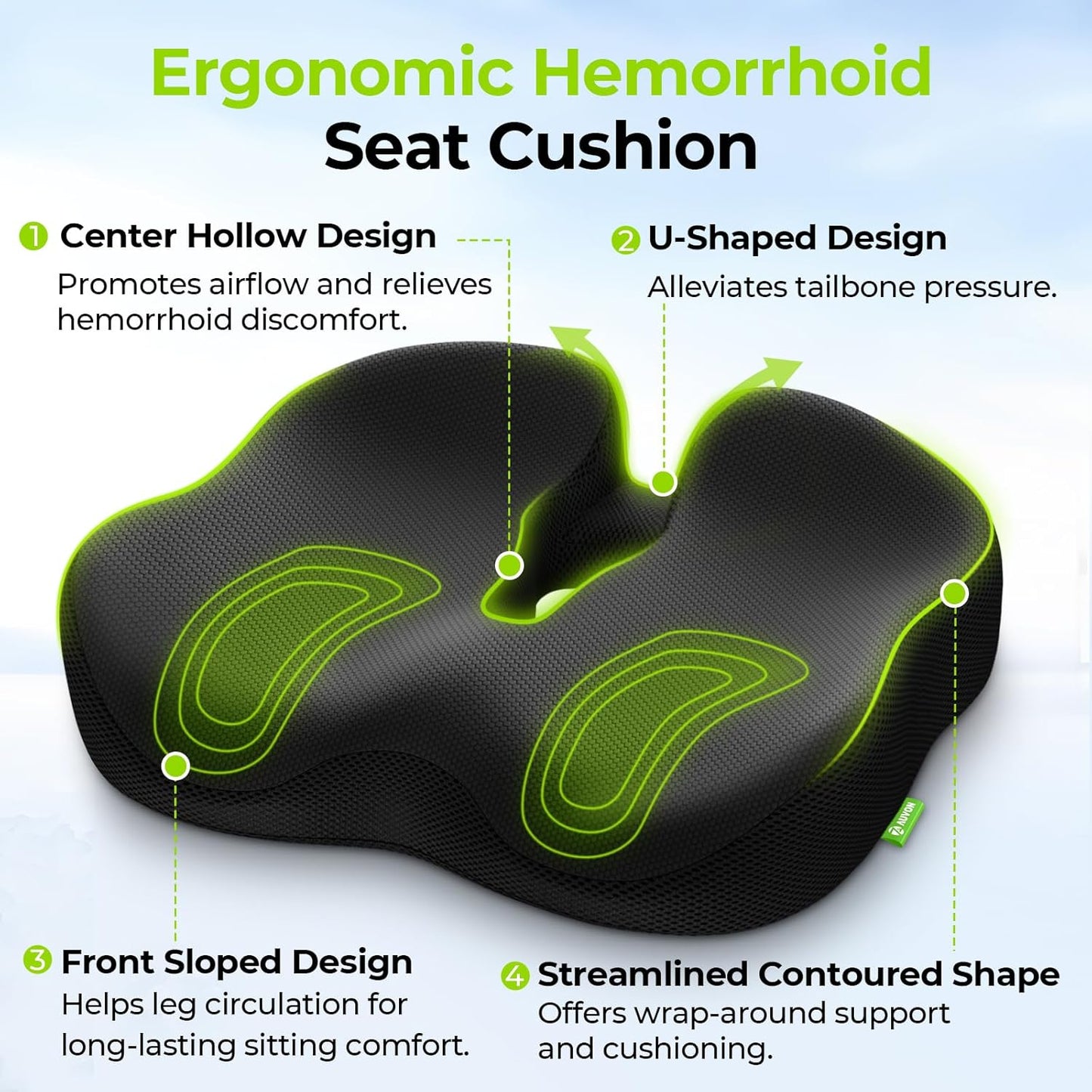 AUVON Ergonomic Donut Pillow Seat Cushion for Hemorrhoid & Tailbone Pain Relief, Thick Memory Foam Chair Cushions with Firm Support for Coccyx, Sciatica, Pressure Sores, Pregnancy, Postpartum Recovery