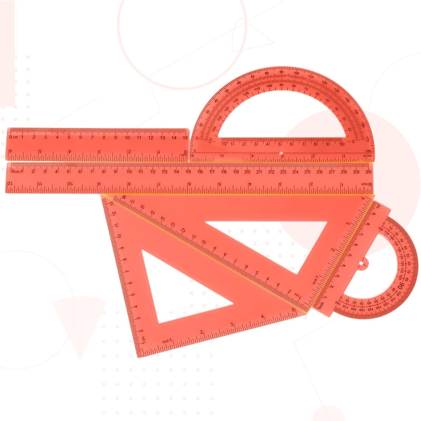 Tenare 6 Pcs Plastic Ruler Math Set Includes 12 Inch 6 Inch Straight Protractor Triangle Geometry Transparent Math Ruler Measuring Tools for School Office Home (Orange)