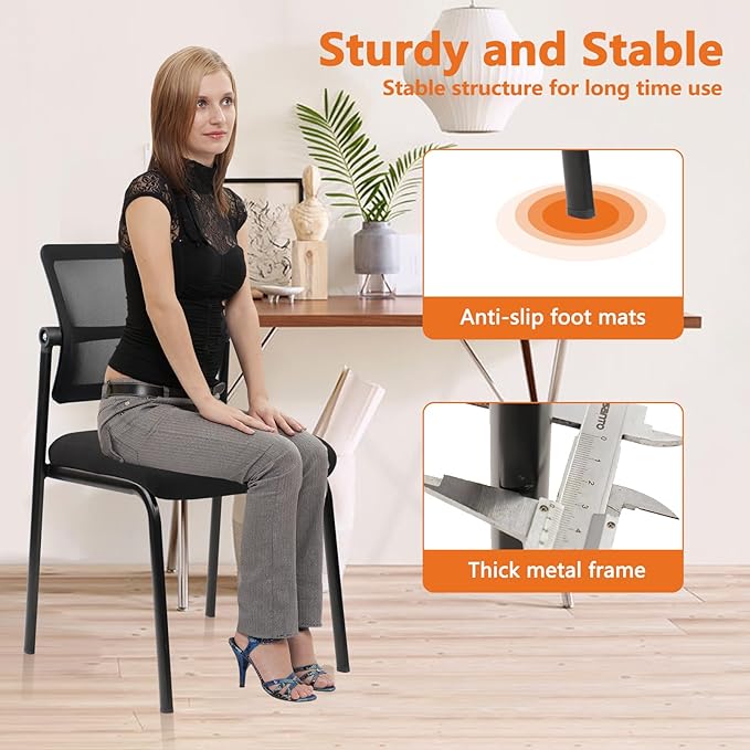 CLATINA Stacking Armless Office Waiting Room Chair with Adjustable Backrest, Stackable Mesh Guest Reception Desk Chairs with Ergonomic Lumbar Support for Conference Lobby Side School, Black, 2 Pack