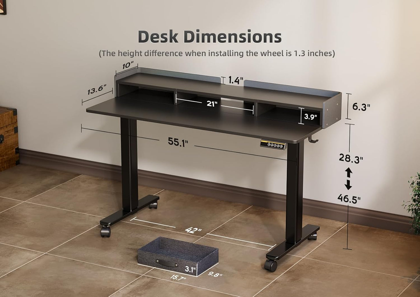 YDN Standing Desk with Drawers, 55 Inch Standing Desk Adjustable Height, Adjustable Electric Stand Up Sit Stand Small Desks with Storage and Shelf, Black