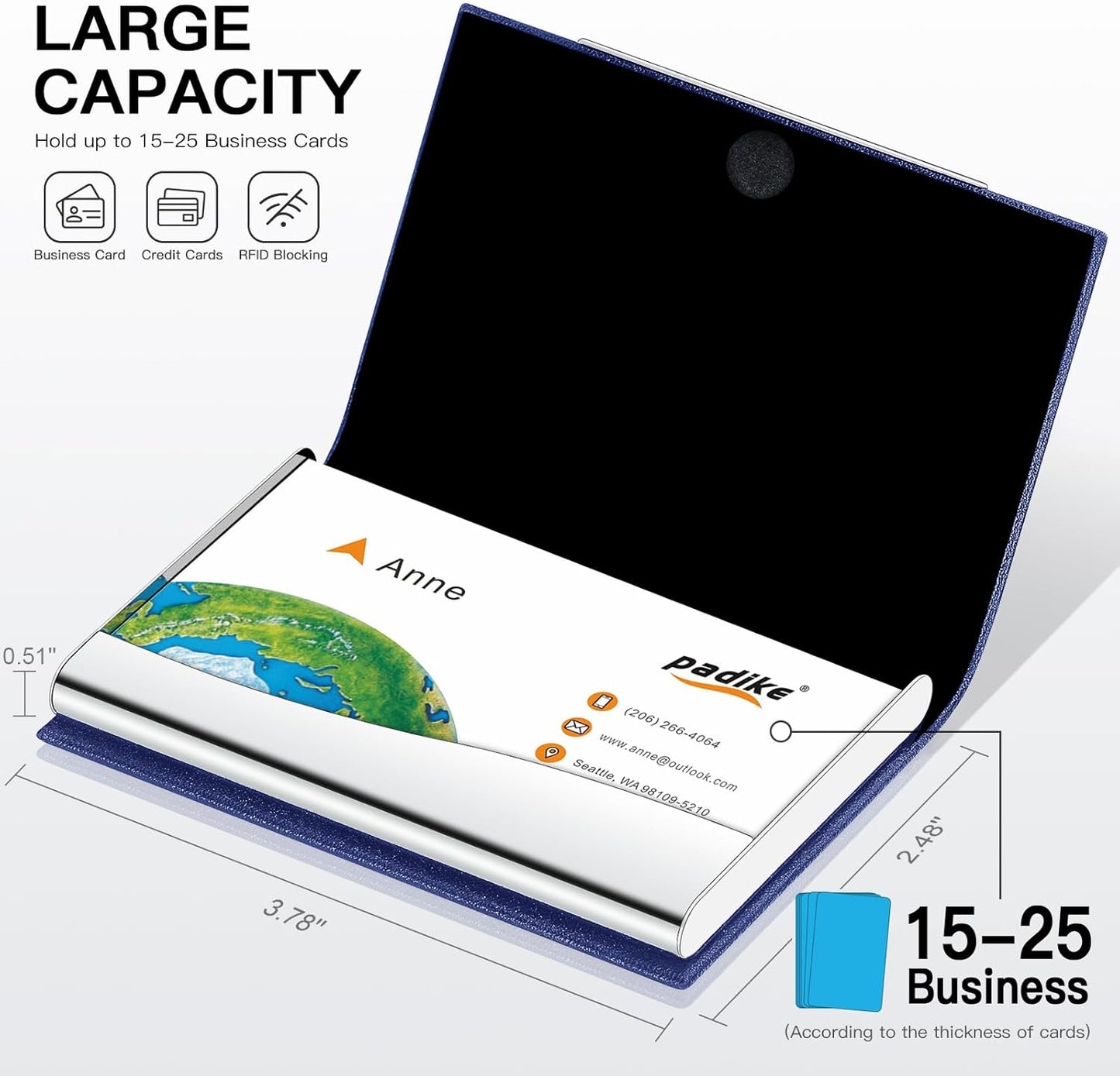 Padike Business Card Holder, Blue, Faux Leather, RFID Protected, Stylish Design