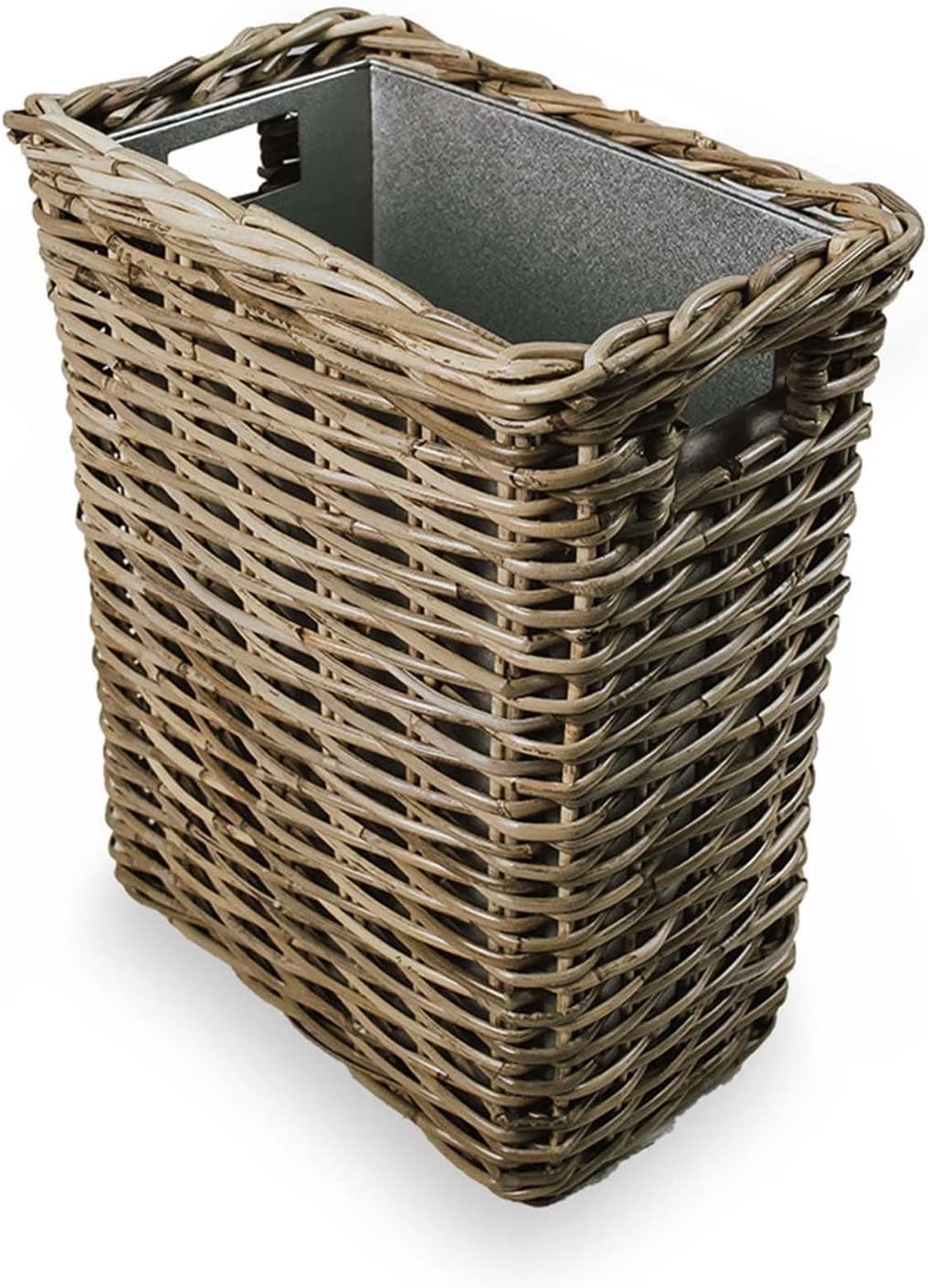 The Basket Lady Large Rectangular Kubu Wicker Waste Basket with Metal Liner, 14.5 in L x 9 in W x 18 in H, Serene Grey