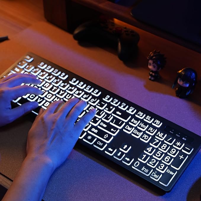 Large Print Backlit Wireless Keyboard, 2.4G Silent Wireless Light Up Keyboard, Full Size Computer Keyboards with 7 Colored Backlits, Rechargeable Keyboards for Windows, PC, Laptop