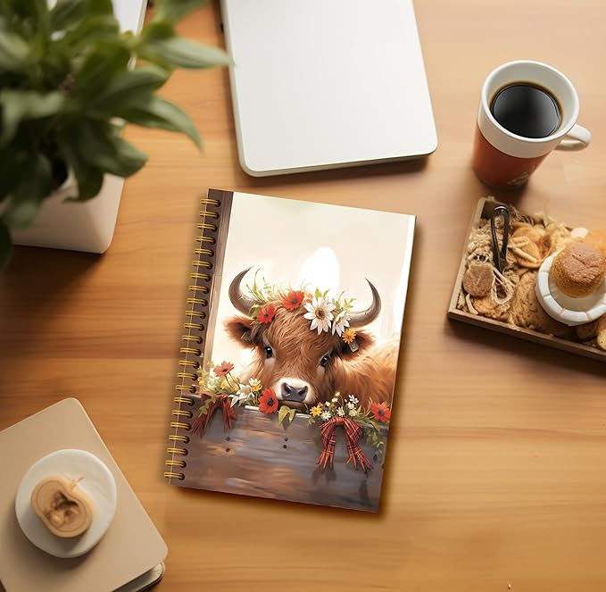 Floral Highland Cow Notebook - Western Cow Notebook, Highland Cow Office Supplies, Highland Cow Gifts, Cow Lover Gifts, Cute Cow Stuff, Farmhouse Highland Cow Spiral Notebook 5.5x8.3