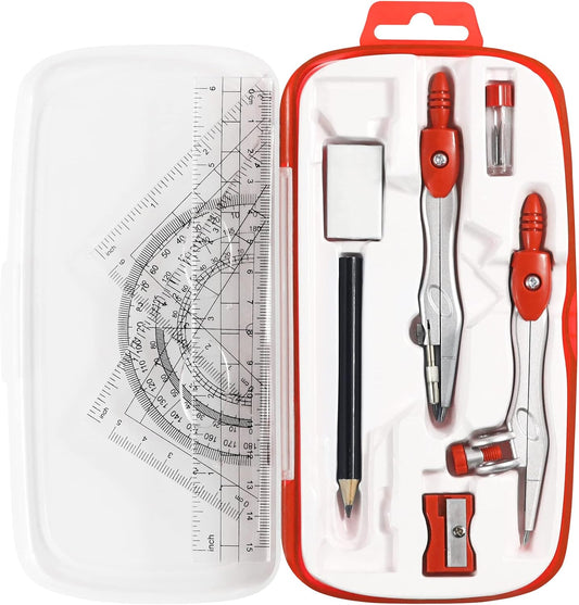 Math Geometry Kit Sets 10 Piece Student Supplies with Shatterproof Storage Box,Includes Rulers,Protractor,Compass,Eraser,Pencil Sharpener,Lead Refills,Pencil,for Drafting and Drawings（Red）