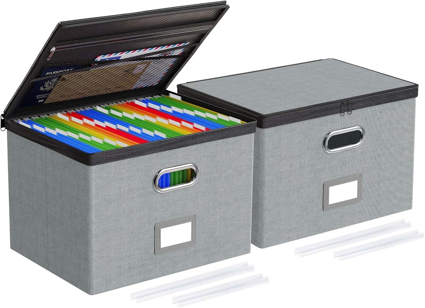 Oterri 2 Pack Large File Organizer Boxes with Lids, File Box with Mesh Pockets, Document Organizer Box for Letter/Legal Size Folders, Zippers Important Document Organizer (Grey, Without Folders)