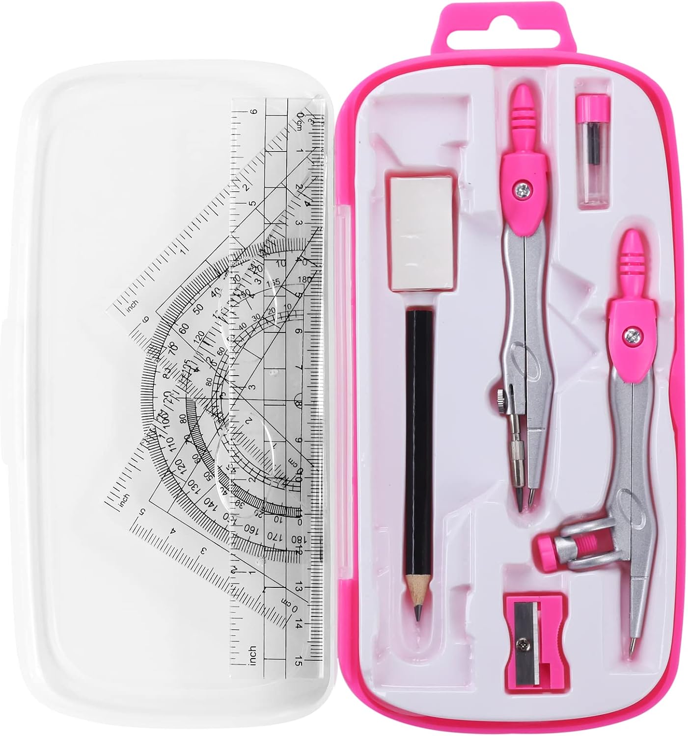 Math Geometry Kit Sets 10 Piece Student Supplies with Shatterproof Storage Box,Includes Rulers,Protractor,Compass,Eraser,Pencil Sharpener,Lead Refills,Pencil,for Drafting and Drawings（Pink）