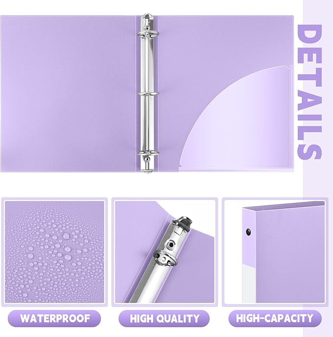 Henoyso 16 Pcs 3 Ring Binder 1/2'' Round Fits Letter Size 8. 5'' x 11'' Paper Plastic Flexible Binder Holds 100 Sheets with 1 Pockets Versatile Organizer for Office Home School (Light Purple)